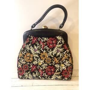 Vtg 70's FLORAL‎ Embroidered Hand Bag Purse HIPPIE FLOWER MoD KISS LOCK Satchel